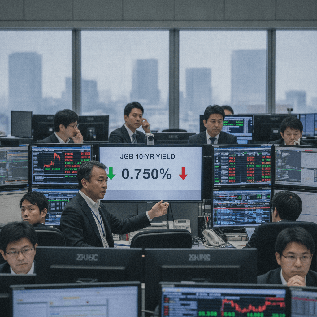 Japan government bond yields fall as global markets steady
