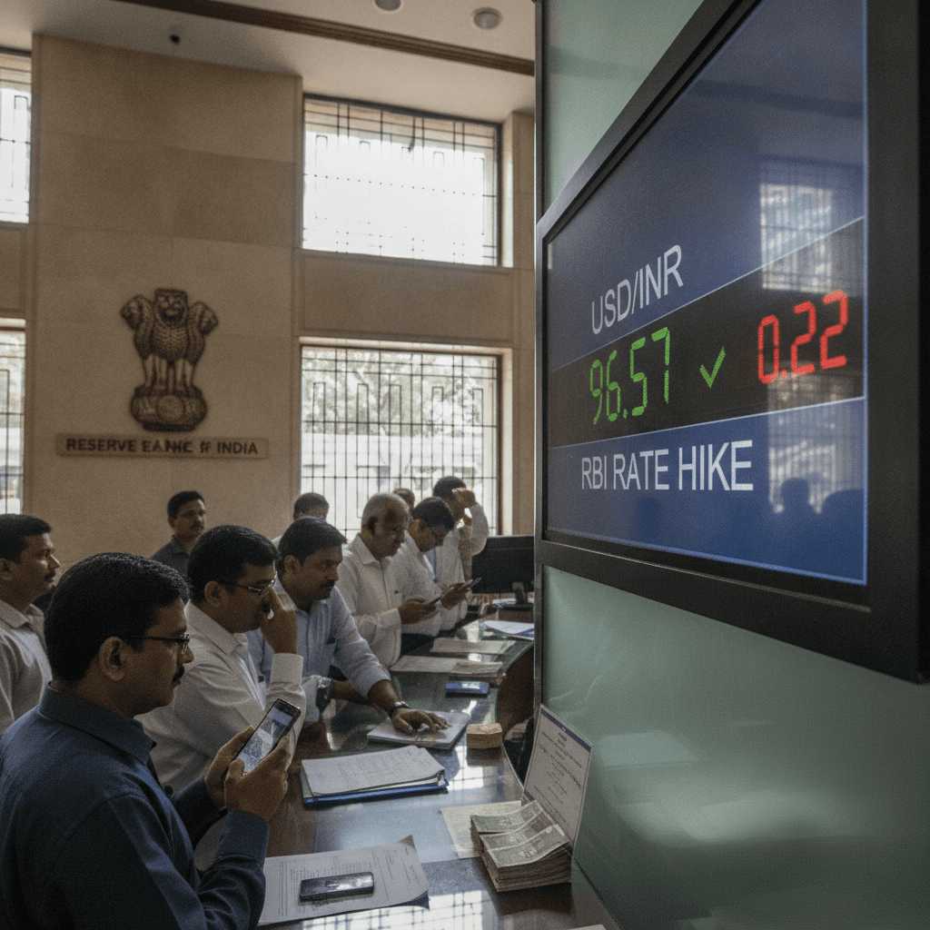 Rupee falls 22 paise to 96.57 against US dollar post RBI rate increase